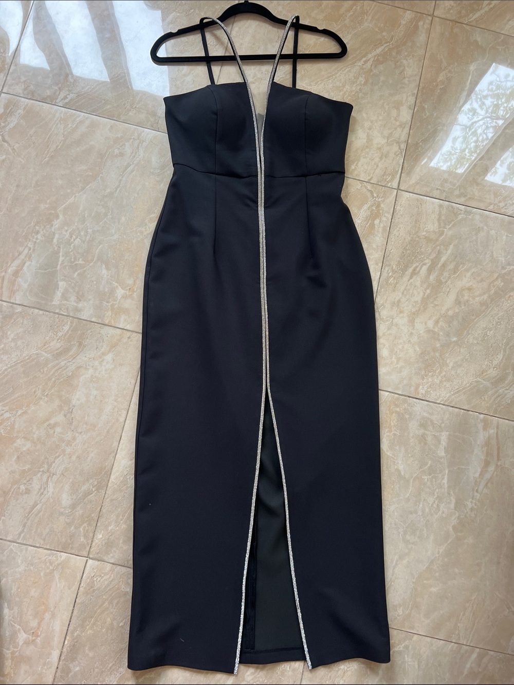 Strapless Black Evening Gown with Silver Trim